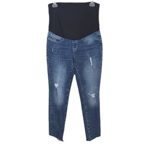 Mavi Maternity Distressed Skinny Jeans Raw Hem Full Belly Band Size 28 x 27 Blue